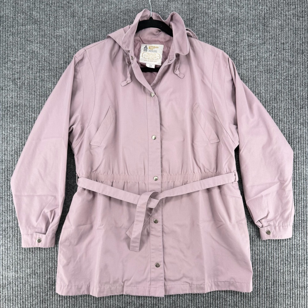 Vintage London Fog Mauve Hooded Rain Jacket Belted Lightweight Coat 7/8 small